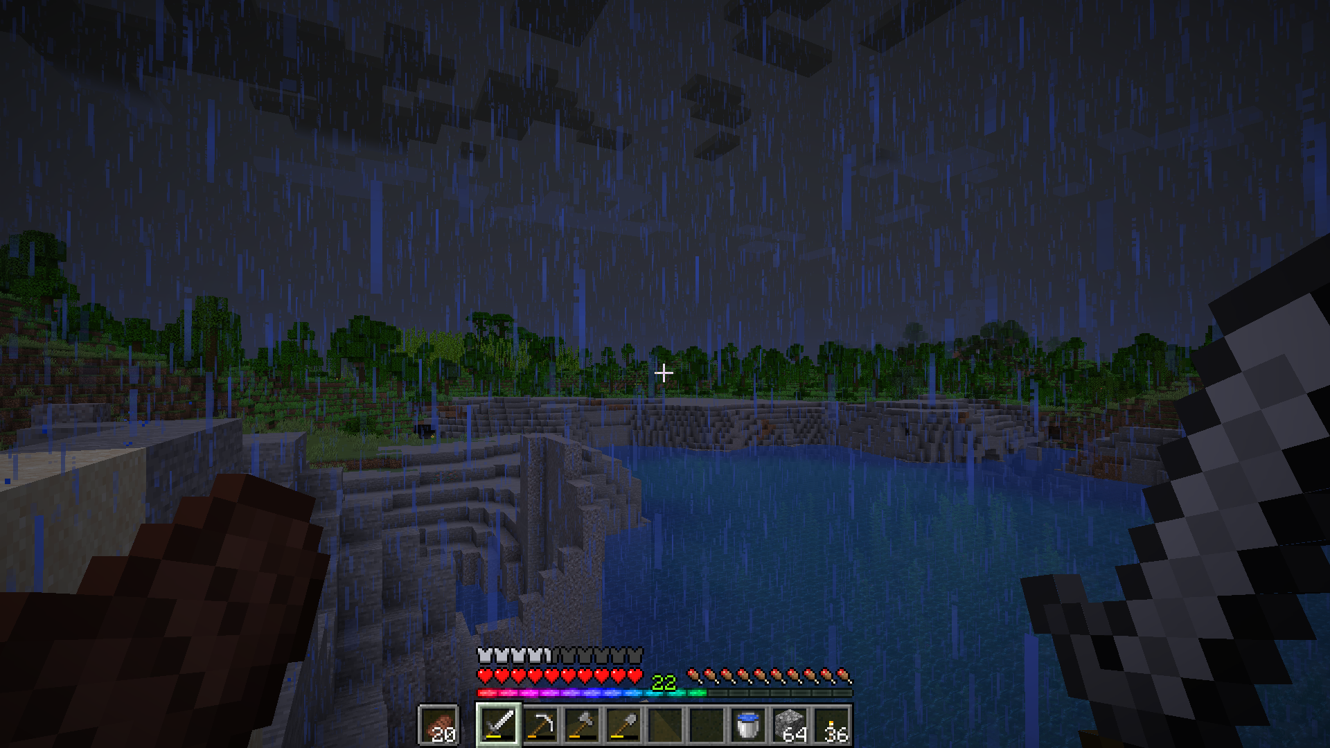 Auf der anderen Seite eines Flusses mit steilen, felsigen Ufern ist ein Dschungel mit vielen Bambushalmen. Es regnet.