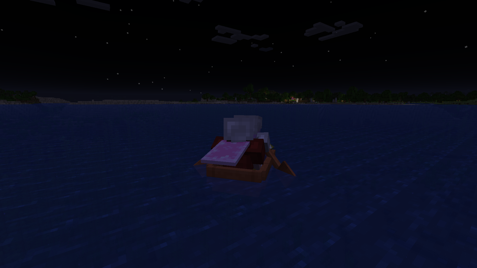 Wir fahren Boot. Vor uns liegt ein Ufer mit einem Wald, in dem gerade so ein rötliches, beleuchtetes Gebäude mit magentafarbenen Fenstern und ein Getreidefeld zu sehen sind.