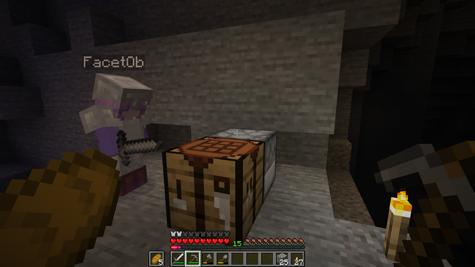 Alice steht vor einer Werkbank und einem Ofen, erleuchtet von einer Fackel. Der linke Teil der Höhle kriegt noch etwas Mondlicht ab, aber der rechte Teil ist dunkel.