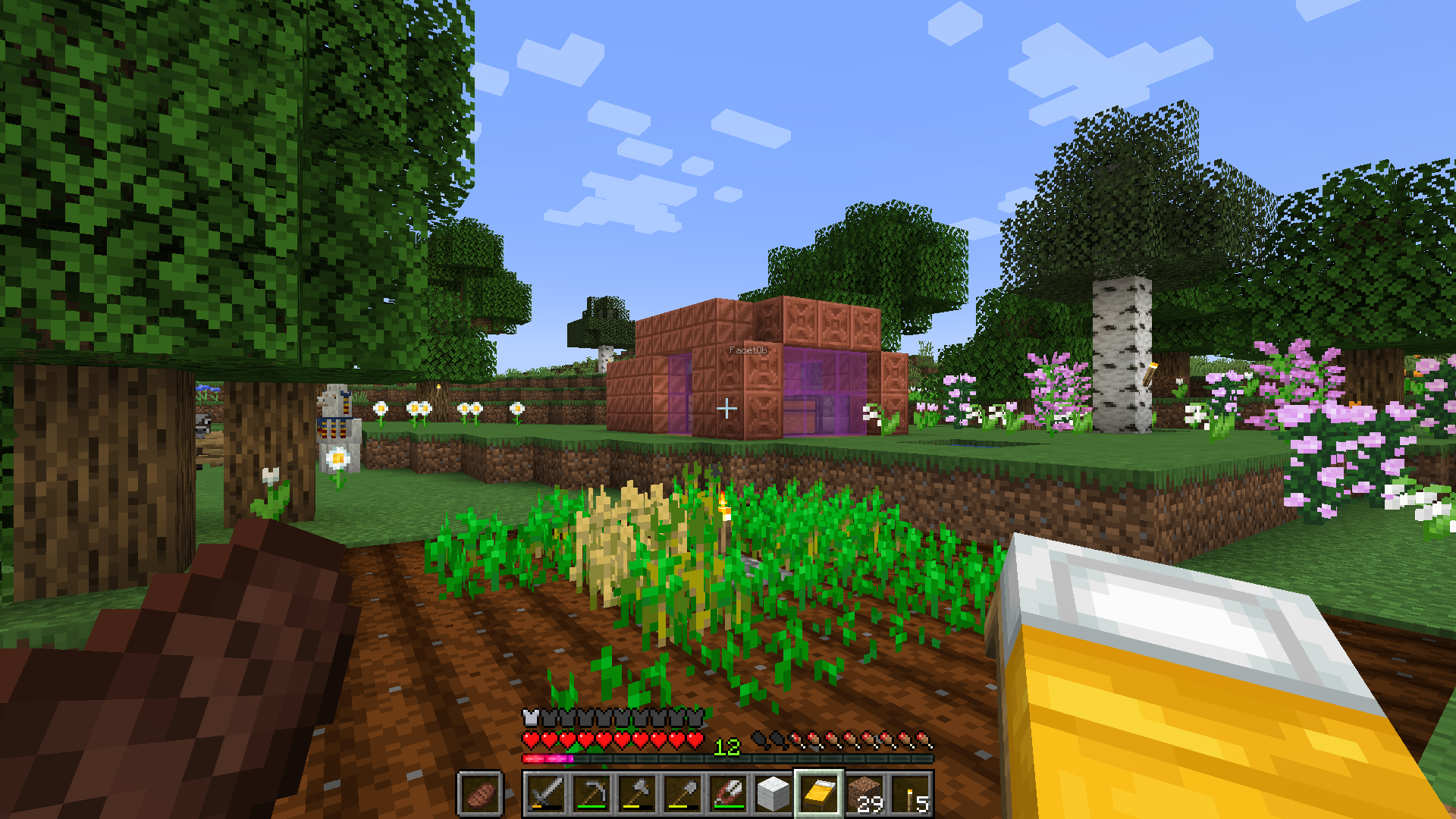 Die Hütte von der Rückseite gesehen. Sie besteht nun aus Kupfer mit großen, magentafarbenen Glasscheiben. Im Vordergrund wurde ein Weizenfeld angelegt, das erst zu einem kleinen Teil bestellt ist. Ich halte ein gelbes Bett in der Hand.